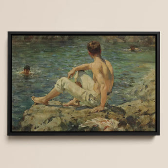 Green and Gold - Henry Scott Tuke Art Print / Canvas Black-framed Painting Shirtless Man Light-colored Trousers Rocks Water Transposes,