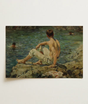 Vintage-style Oil Painting Young Man Light-colored Trousers Rocks Scott Tuke Transposes, Seaside Art Print, Fleeting Touch