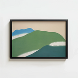 Minimalist Framed Abstract Landscape Print Layered Green Blue Kamisaka Sekka Art, Horizon Surrenders, Celadon Surging