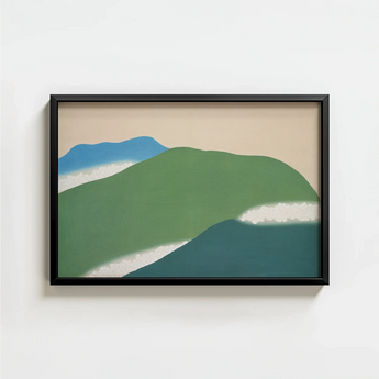 Minimalist Framed Abstract Landscape Print Layered Green Blue Kamisaka Sekka Art, Horizon Surrenders, Celadon Surging