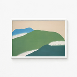 Minimalist Framed Abstract Landscape Print Layered Green Blue Kamisaka Sekka Art, Horizon Surrenders, Celadon Surging