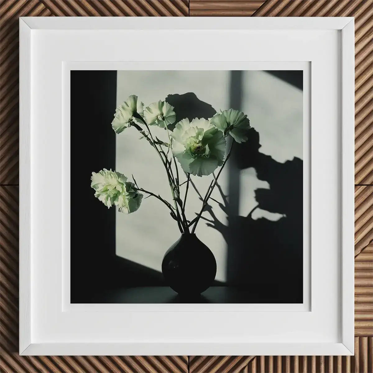 Framed floral still life featuring green carnations symbolizing Oscar Wilde in queer communities