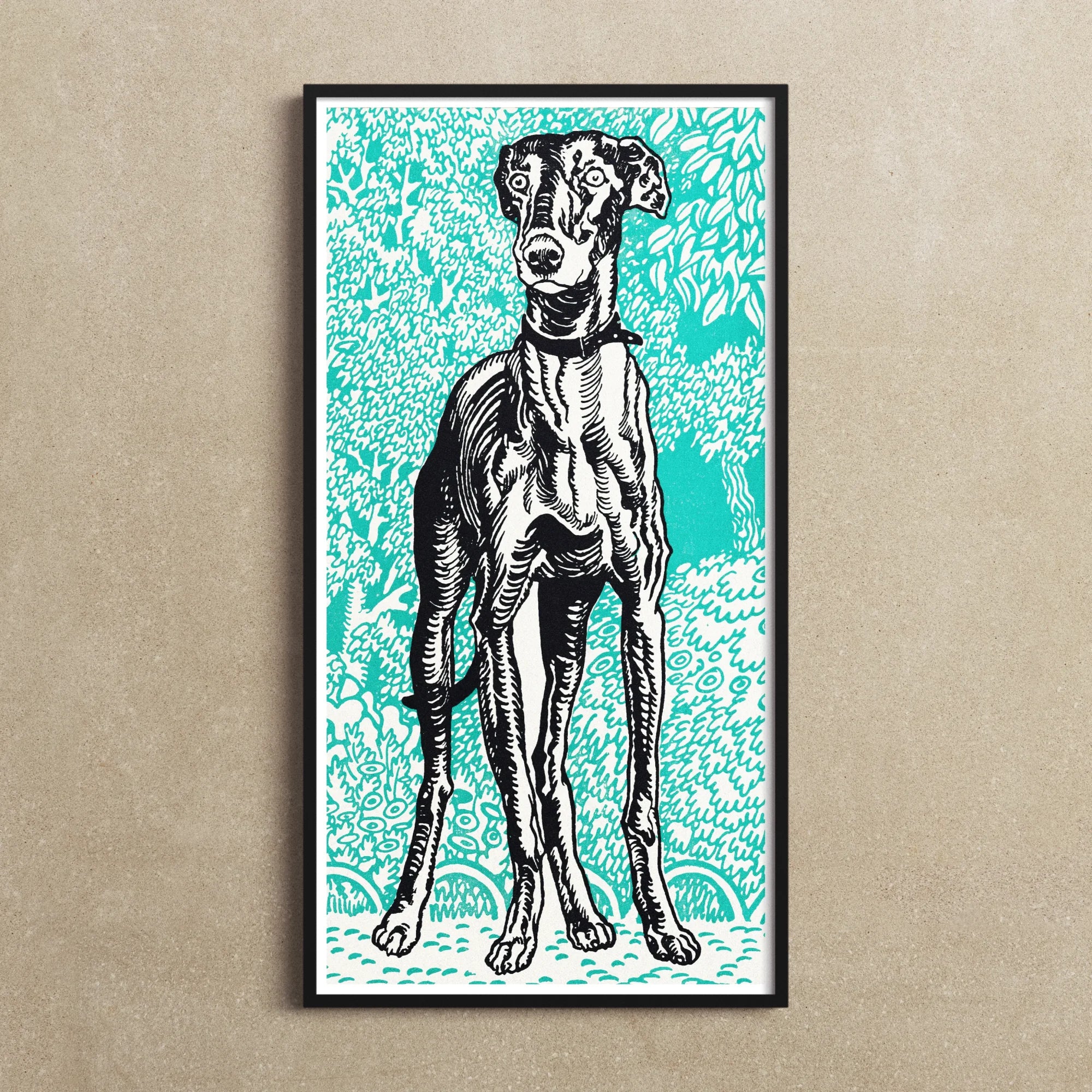 Greyhound - Moriz Jung Lithograph Dog Art Print, Black White Illustration Slender Dog Greyhound Whippet Turquoise