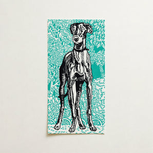 Turquoise Black Linocut Print Slender Elegant Greyhound Alert Moriz Jung Lithograph, Dog