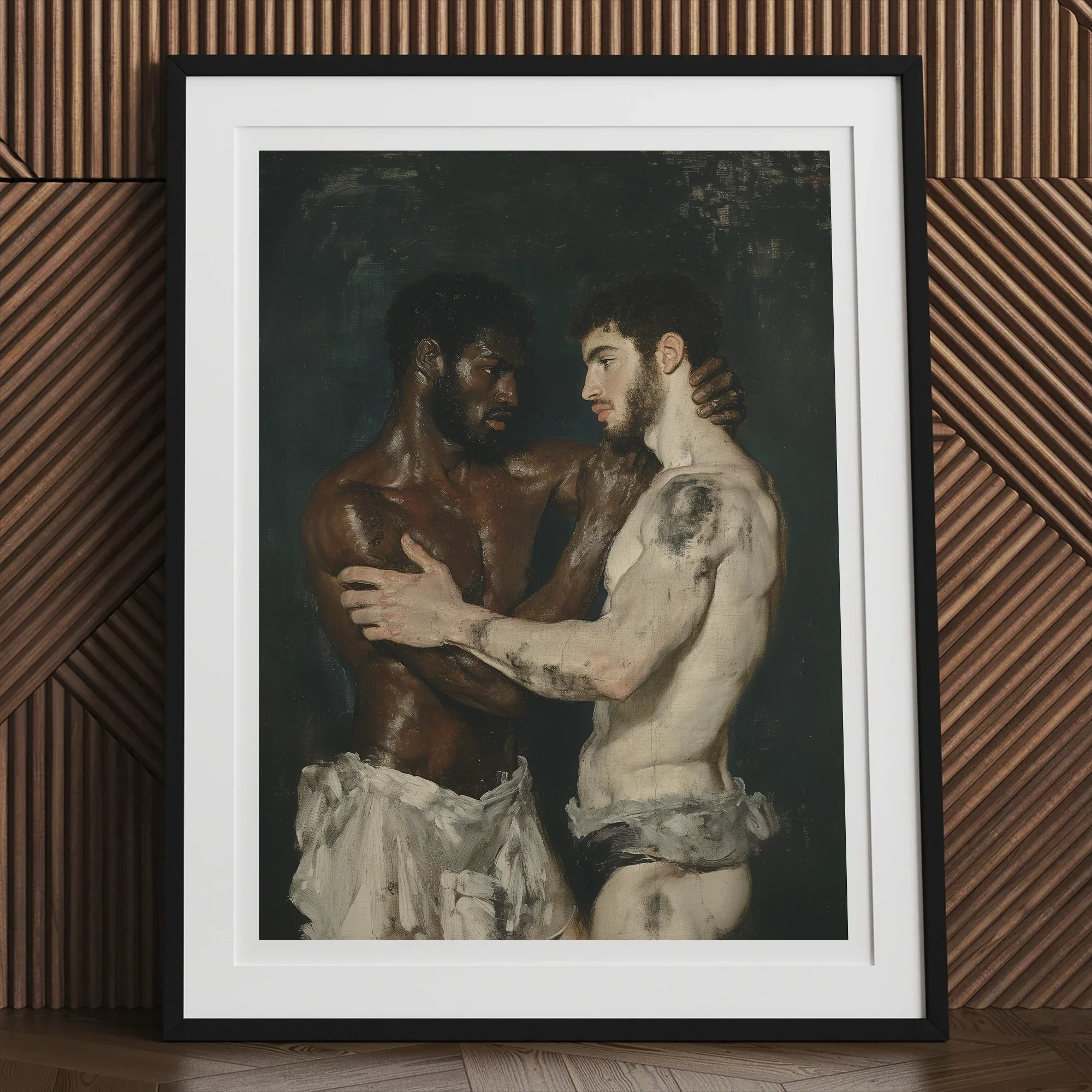 Gripped - Neoclassical Gay Bodybuilders Art Print, 12x16’’ / 31x41cm / Black Frame, Framed Painting Two Men