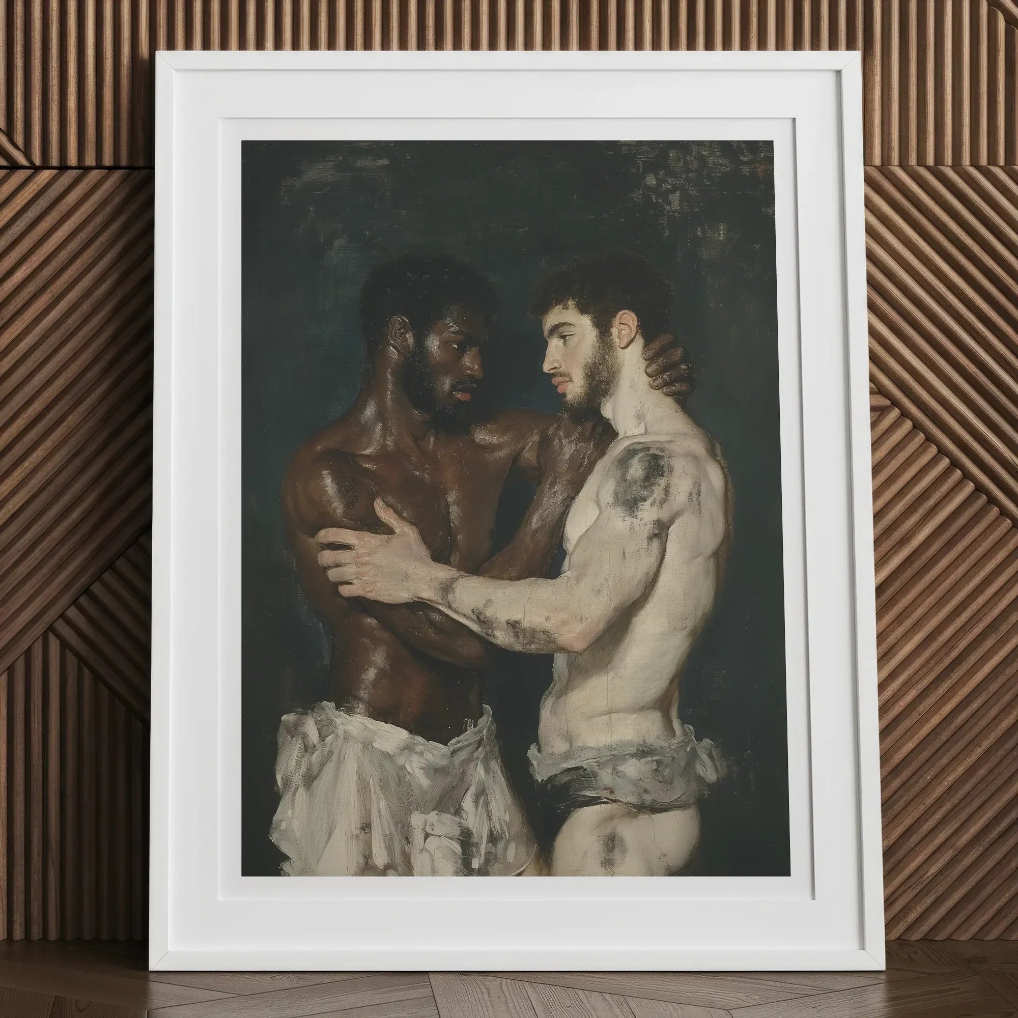 Gripped - Neoclassical Gay Bodybuilders Art Print, 12x16’’ / 31x41cm / White Frame / 2’’ Matboard, Framed Painting Two Men