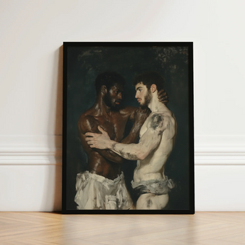Black-framed Artwork Two Muscular Men Tender Embrace Rendered Neoclassical Gay Bodybuilders, Art Print