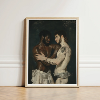 Framed Painting Two Muscular Men Intimate Embrace Rendered Neoclassical Gay Bodybuilders, Art Print