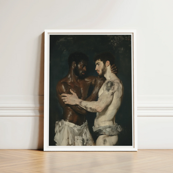 Framed Painting Two Muscular Men Intimate Embrace Rendered Neoclassical Gay Bodybuilders, Art Print