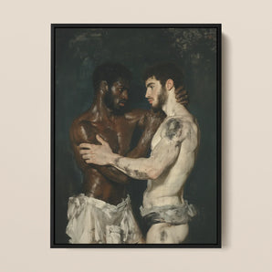 Gripped - Neoclassical Gay Wrestlers Framed Canvas, 12x16’’ / 31x41cm / Black Floating Frame, Framed Painting Two Men