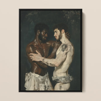 Gripped - Neoclassical Gay Wrestlers Framed Canvas, 12x16’’ / 31x41cm / Black Floating Frame, Framed Painting Two Men