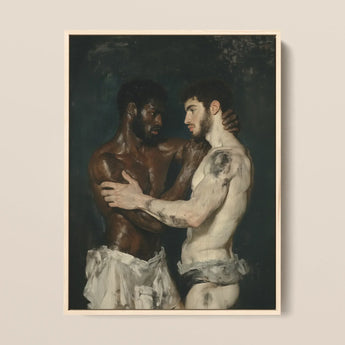 Gripped - Neoclassical Gay Wrestlers Framed Canvas, 12x16’’ / 31x41cm / Natural Floating Frame, Framed Painting Two Shirtless Men Dark Skin