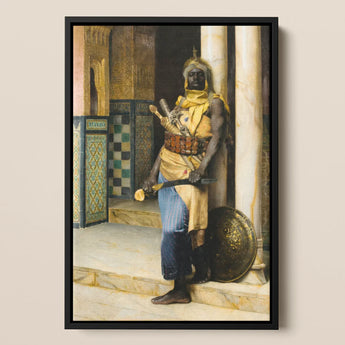 Guarding the Palace - Ludwig Deutsch Orientalism Art Print / Canvas Framed Painting Moorish Soldier Ornate Gold Yellow Armor Ludwig