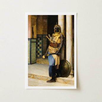 Guarding the Palace - Ludwig Deutsch Orientalism Art Print / Canvas Framed Historical Painting Dark-skinned Warrior Ornate Golden
