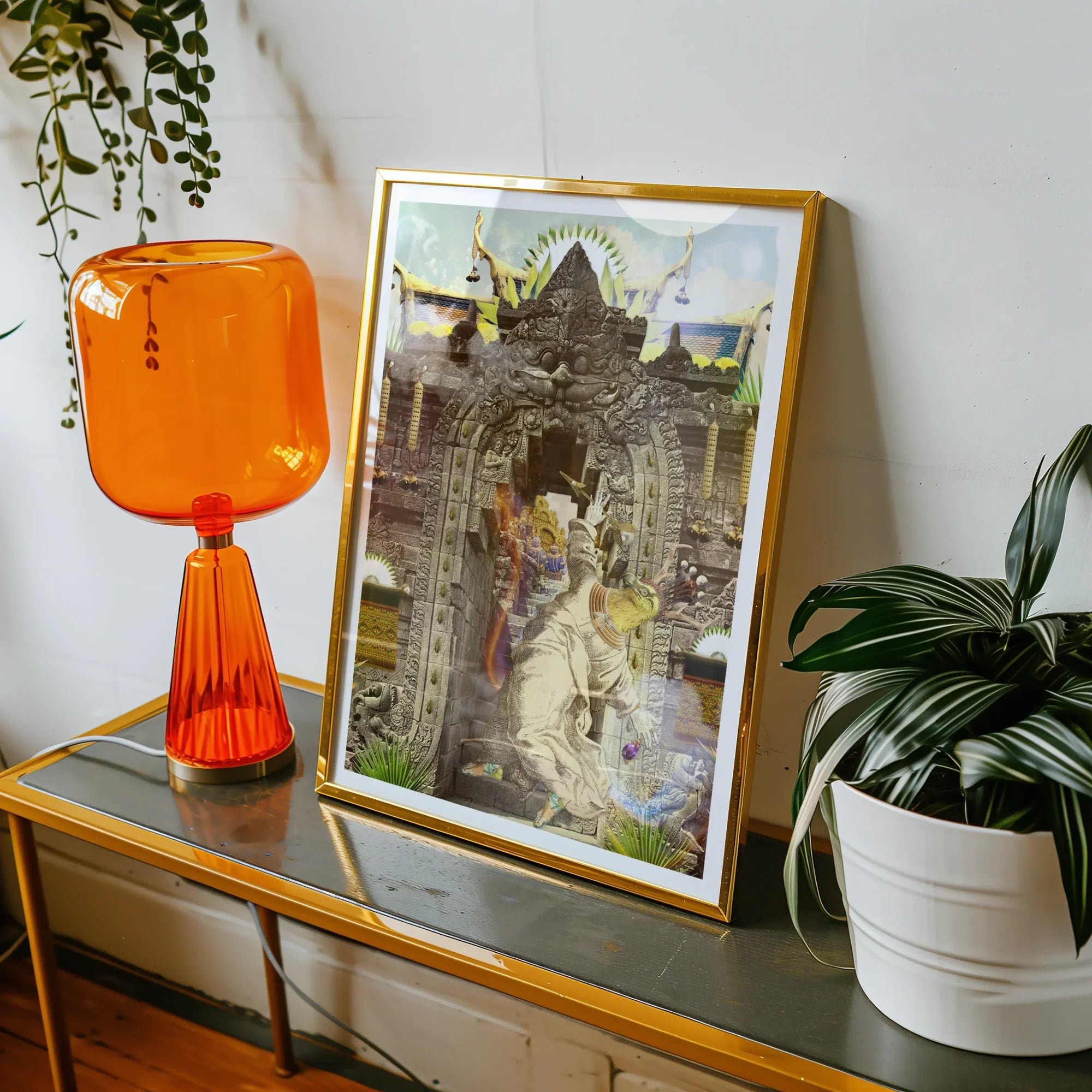 Guest of Honour - Buddhist Collage Fusion Art Print, Framed Artwork Figures Ornate Architectural