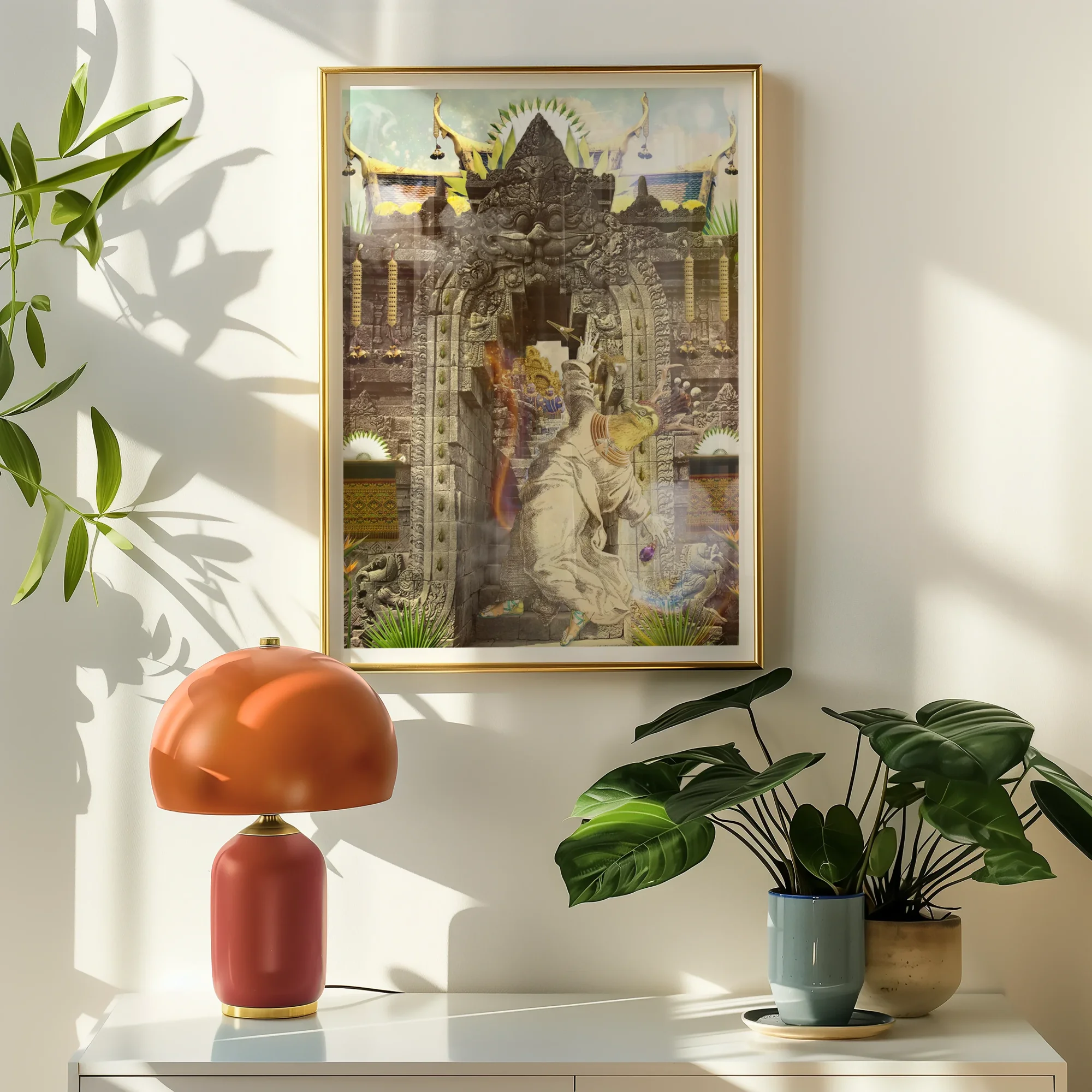 Guest of Honour - Buddhist Collage Fusion Art Print, Framed Artwork Figures Ornate Architectural