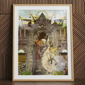 Guest of Honour - Buddhist Collage Fusion Art Print Framed Artwork Surreal Colorful Scene Ornate Temple Entrance Buddhist Collage Fusion,