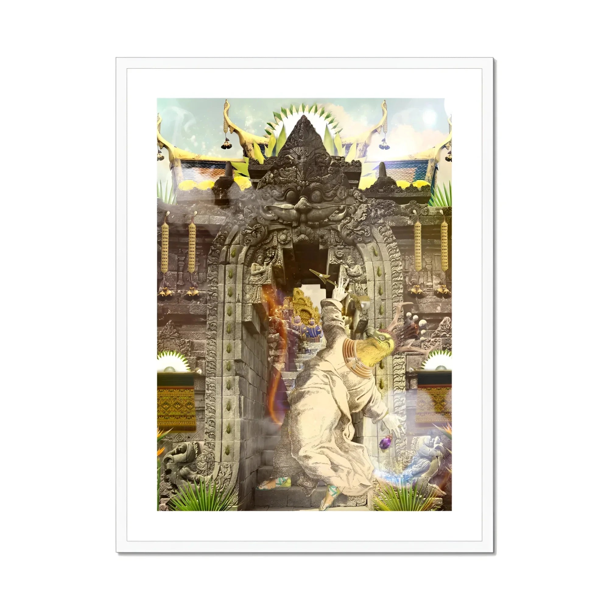 Guest of Honour - Buddhist Collage Fusion Art Print, Ornate Stone Archway Decorated Intricate Carvings Mystical Figures