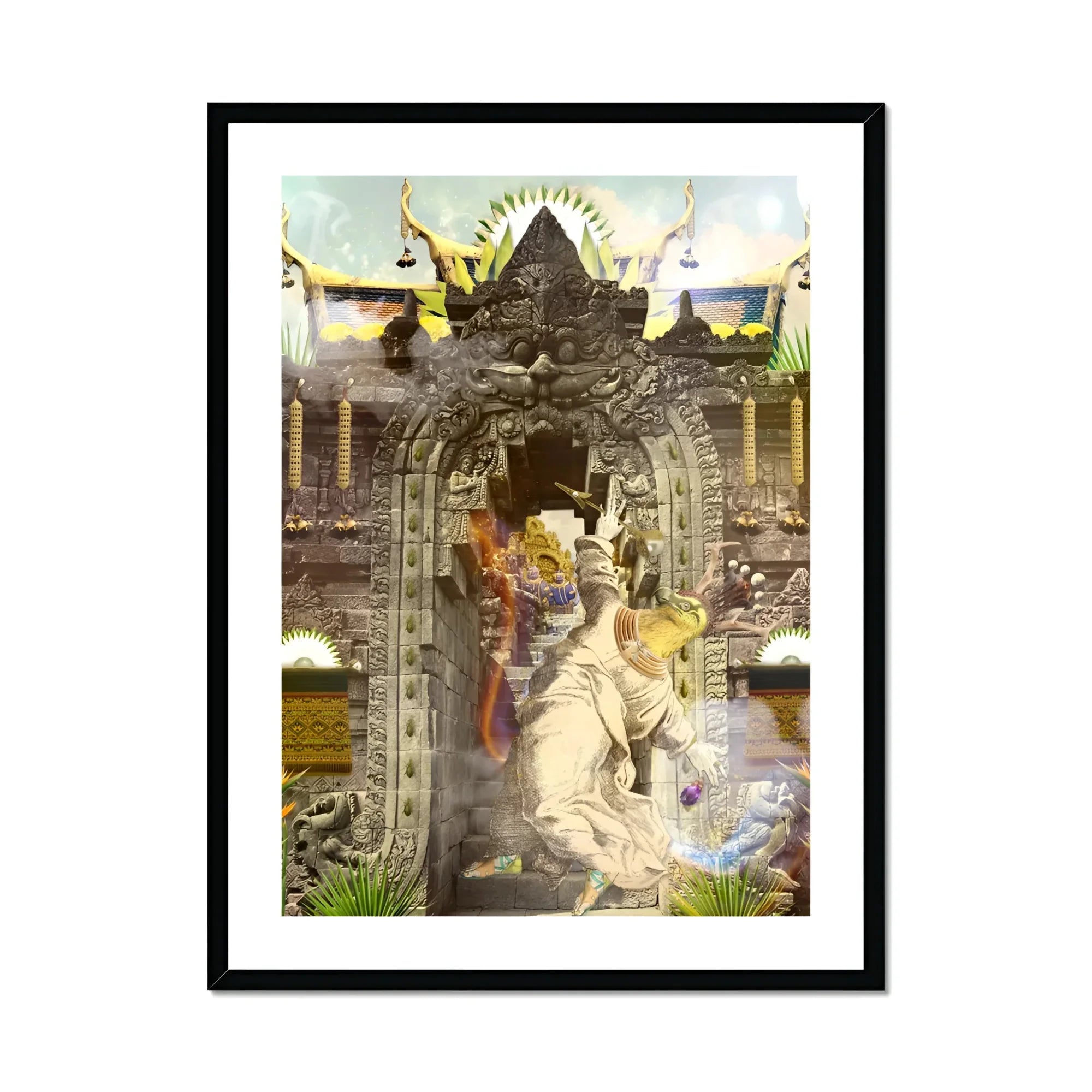 Guest of Honour - Buddhist Collage Fusion Art Print, Ornate Stone Archway Decorative Carvings Mystical Elements