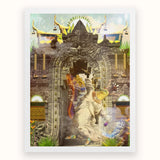Guest of Honour - Buddhist Collage Fusion Art Print, Ornate Stone Archway Intricate Carvings Temple Entrance Statue