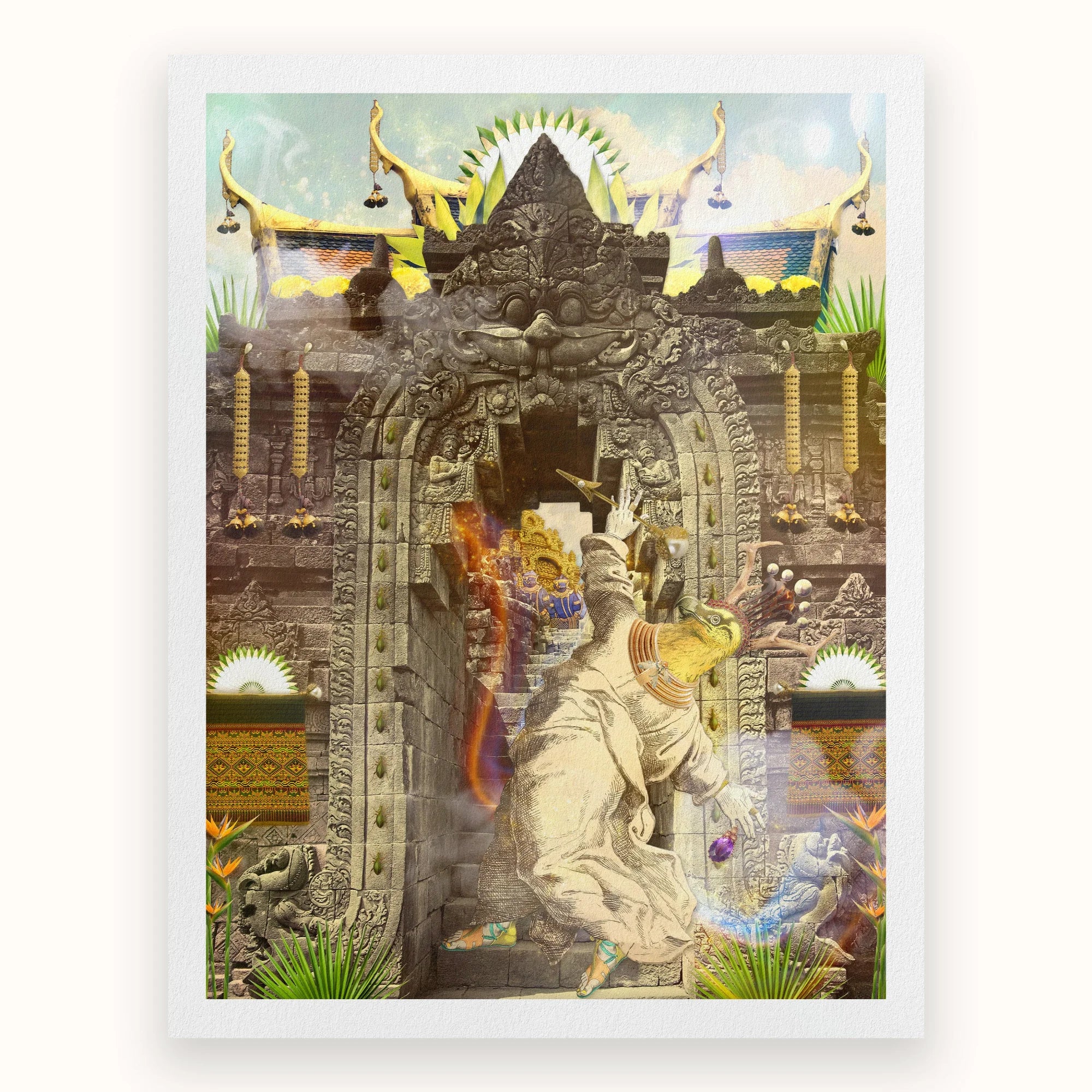 Guest of Honour - Buddhist Collage Fusion Art Print, Ornate Stone Archway Intricate Carvings Temple Entrance Statue