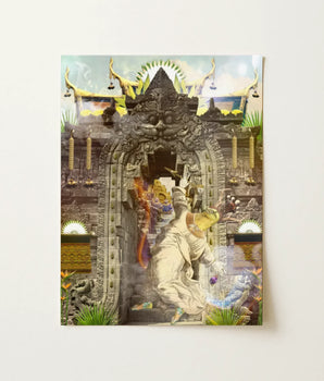 Rectangular Art Print Detailed Ornate Balinese Temple Gate Buddhist Collage Fusion, Psychedelic Realm, Mind-bending