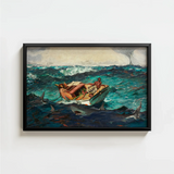 Framed Oil Painting Man Boat Turbulent Seas Sharks Winslow Homer’s Gulf Stream, American Realism Art
