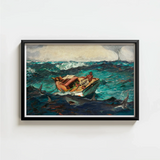 Framed Oil Painting Man Boat Turbulent Ocean Waves Winslow Homer’s Gulf Stream, American Realism Art