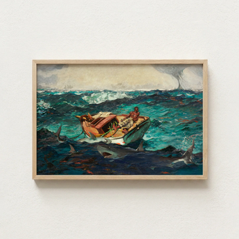 Framed Painting Man Boat Turbulent Teal Dark Blue Winslow Homer’s Gulf Stream, American Realism Art