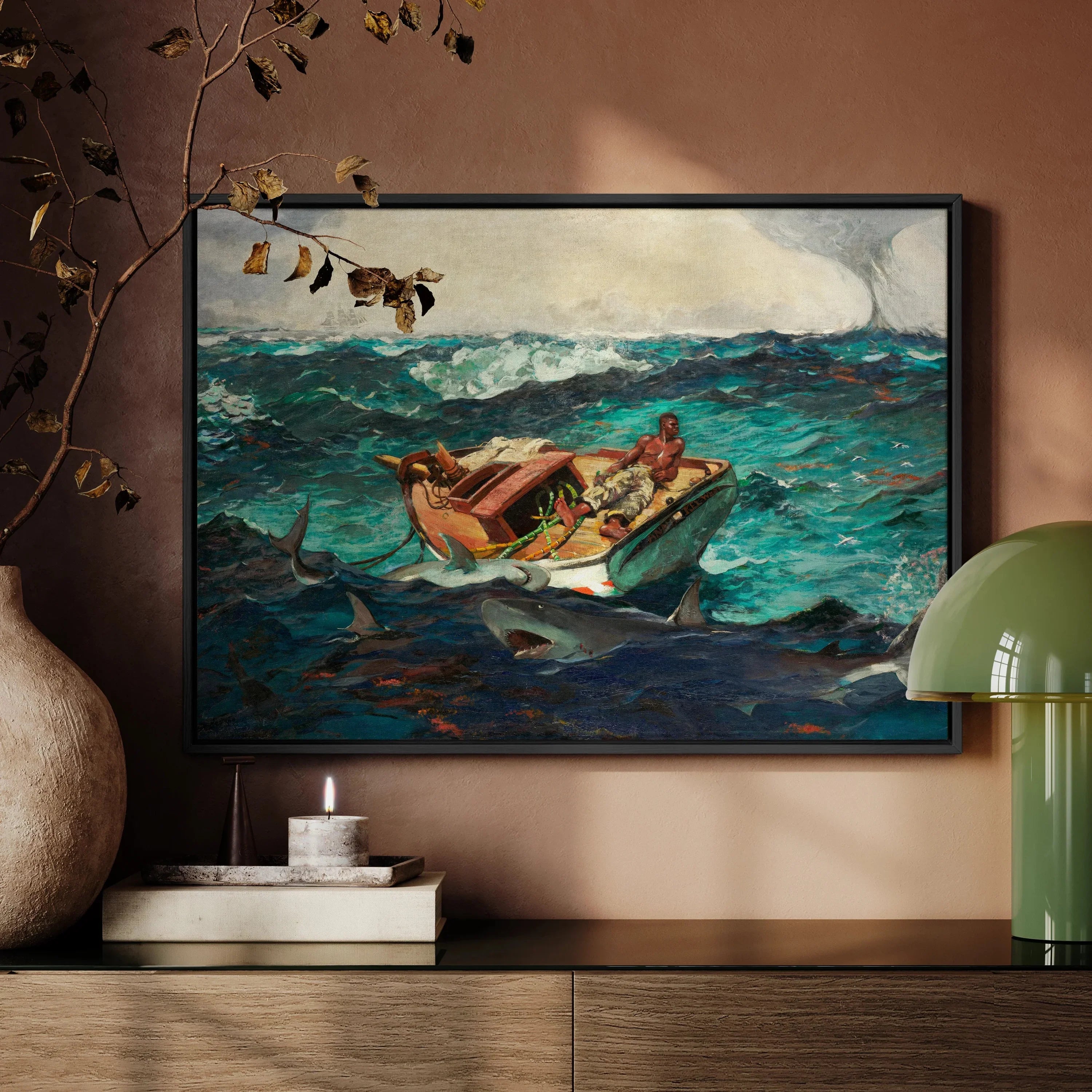 Gulf Stream - Winslow Homer Framed Canvas, Framed Painting Boat Turbulent Seas Sharks