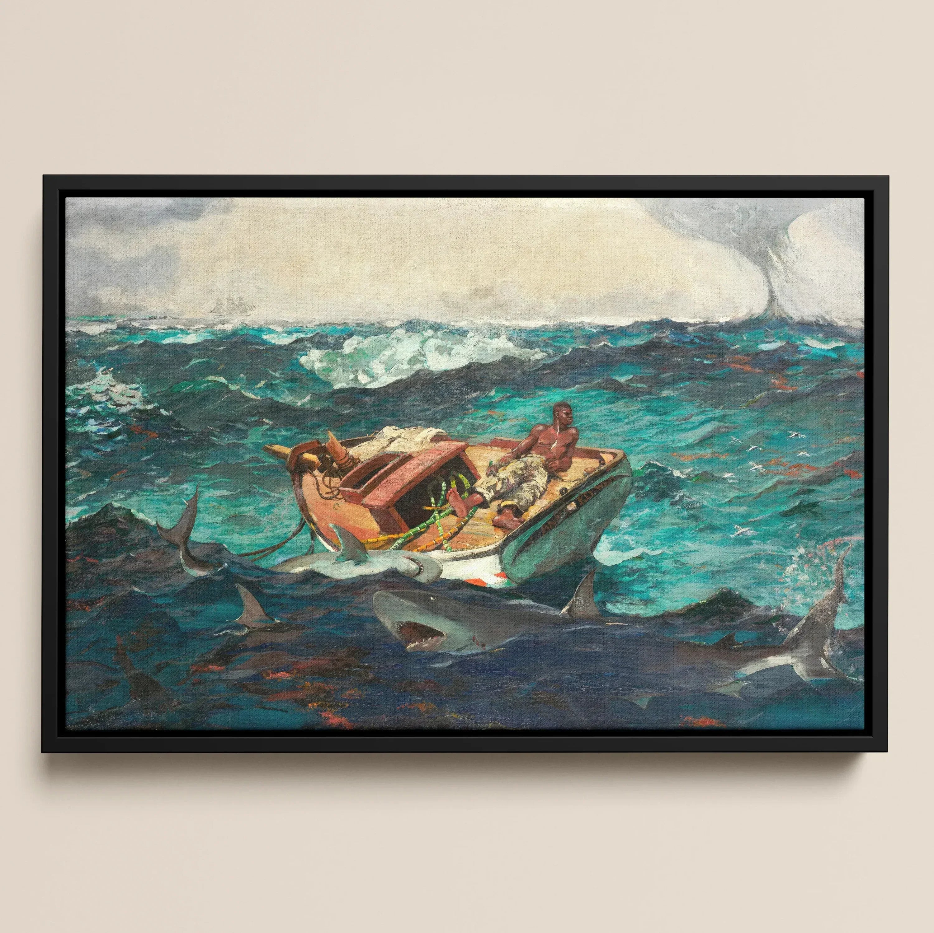 Gulf Stream - Winslow Homer Framed Canvas, Framed Painting Small Boat Stormy Seas Surrounded Sharks