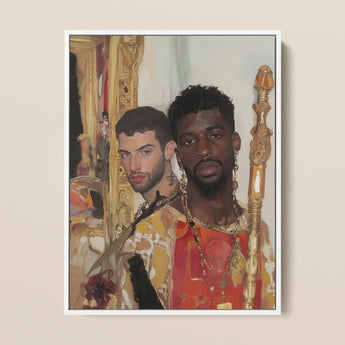 Hadrian & Antinous - Schwules interraciales Paar Kunstdruck / Leinwand, 12x16’’ / 31x41cm / Weißer Rahmen, Poster Drucke visuelle Kunstwerke, Toby Leon