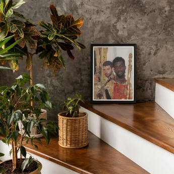 Hadrian & Antinous - Gay Interracial Couple Art Print, Framed Portrait Photograph Wooden Surface Among Potted Plants