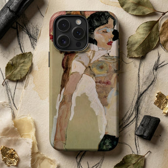 Half Naked Woman - Egon Schiele Phone Case Phone Case Stylized Painterly Portrait Woman White Attire Egon Schiele Iphone, Raw Line Presses,