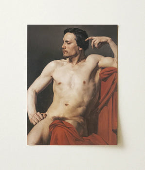 Classical-style Oil Painting Canvas Muscular Nude Male Figure Bouguereau’s Isolates, Commanding Pose with Head Angled, Hand Raised Arm Burns