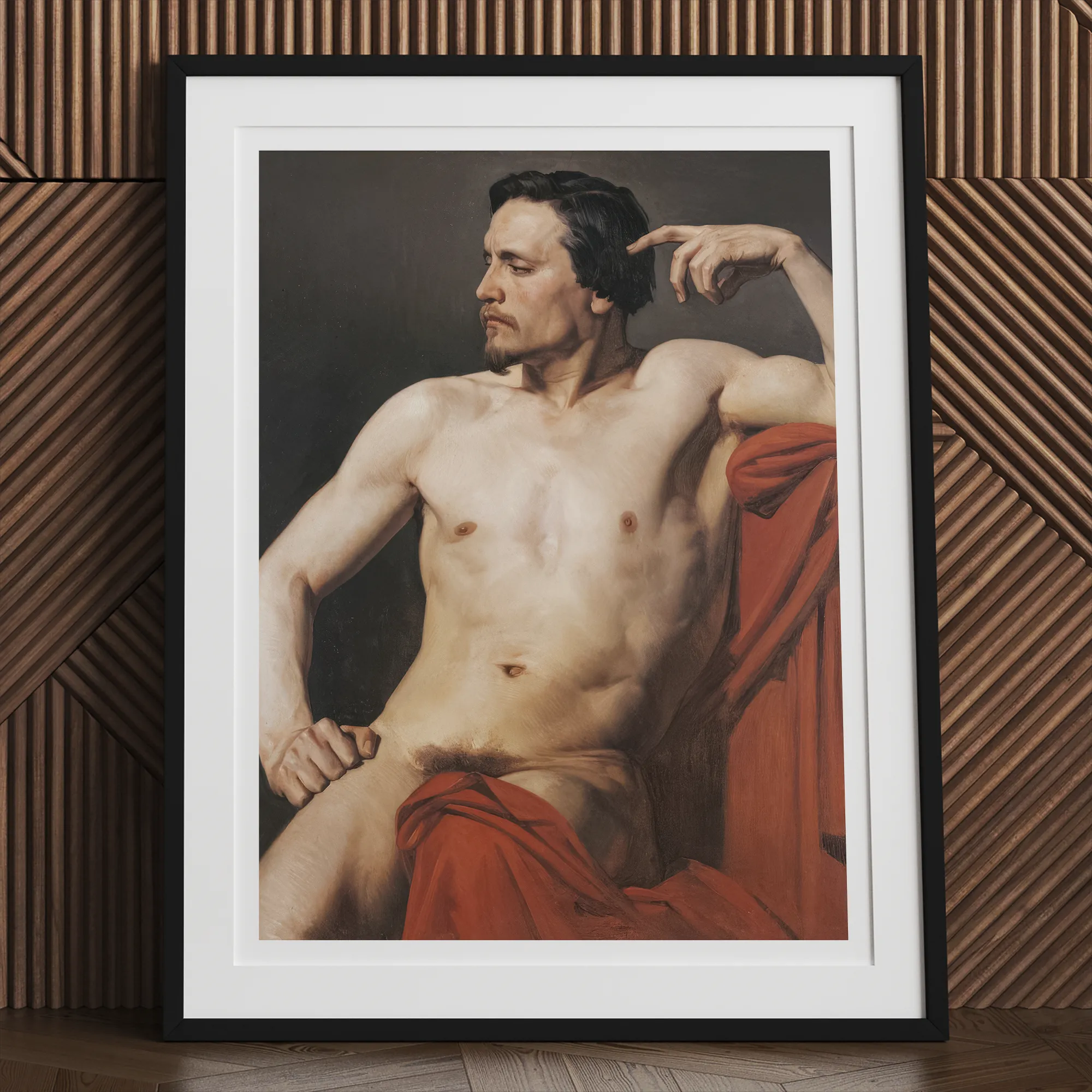 Half Painted Figure William Adolphe Bouguereau Art Print, Framed Oil Painting Shirtless Man Mustache Beard Draped