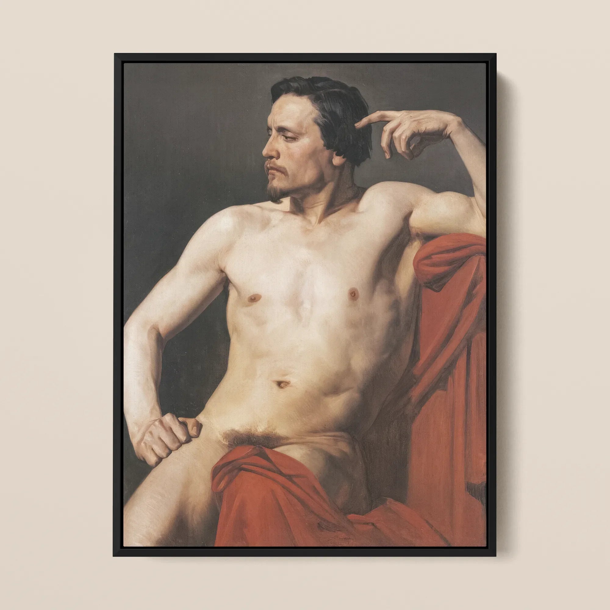 Half Painted Figure William Adolphe Bouguereau Framed Canvas, Framed Oil Painting Shirtless Man Red Drape