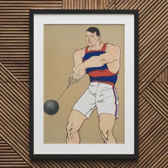 Hammer Throw - Edward Penfield Art Print / Canvas Prints Framed Artwork Muscular Athlete Red Blue Striped Tank Penfield Painted Strength,