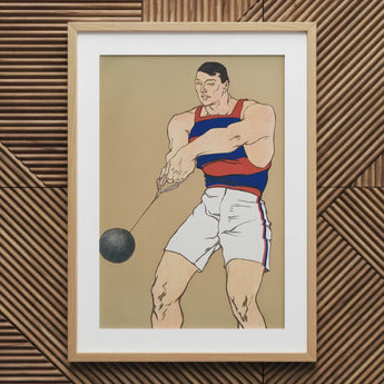 Hammer Throw - Edward Penfield Art Print / Canvas Prints Framed Artwork Muscular Man Red Blue Athletic Attire Penfield Painted Strength,