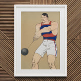 Hammer Throw - Edward Penfield Art Print / Canvas Prints Framed Artwork Muscular Man Red Blue Athletic Attire Penfield Painted Strength,