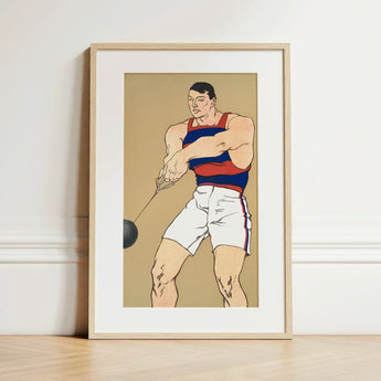 Hammer Throw - Edward Penfield Art Print / Canvas Prints Framed Illustration Muscular Athlete Red Blue Striped Tank Penfield Painted