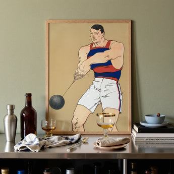 Hammer Throw - Edward Penfield Art Print / Canvas Prints Framed Illustration Muscular Man Red Blue Athletic Attire Penfield Painted