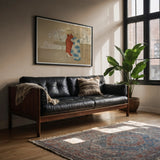 Hanami Season - Kamisaka Sekka Art Print, Black Leather Tufted Sofa Wooden Frame Arms