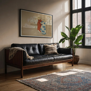 Hanami Season - Kamisaka Sekka Art Print, Black Leather Tufted Sofa Wooden Frame Arms
