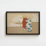 Black-framed Artwork Two Figures Traditional Attire Red Robe Kamisaka Sekka’s Hanami, Meiji Era Rinpa Revival, Season