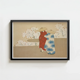 Black-framed Artwork Traditional Japanese-style Illustration Two Figures Red Kamisaka Sekka’s Hanami, Meiji Era Rinpa Revival, Season