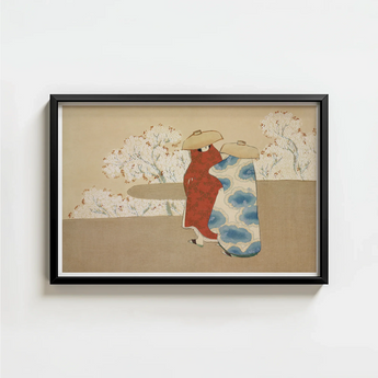Black-framed Artwork Traditional Japanese-style Illustration Two Figures Red Kamisaka Sekka’s Hanami, Meiji Era Rinpa Revival, Season