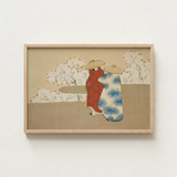 Framed Artwork Two Figures Traditional Attire Red Robe Kamisaka Sekka’s Hanami, Meiji Era Rinpa Revival, Season