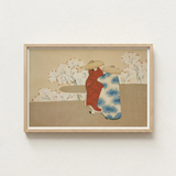 Framed Japanese-style Artwork Two Figures Traditional Attire Red Kamisaka Sekka’s Hanami, Meiji Era Rinpa Revival, Season