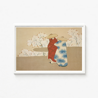 Framed Japanese-style Artwork Two Figures Traditional Robes Red Kamisaka Sekka’s Hanami, Meiji Era Rinpa Revival, Season